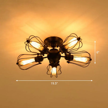 Vintage Black Iron Semi Flush Ceiling Light With Radial Shape And Cage - Ideal For Restaurants / A