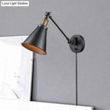 Vintage Black Iron Wall Mount Swing Arm Sconce With Cone Shade For Living Room
