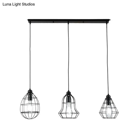 Vintage Black Metal Cage Pendant Lighting With 3 Different Shade Bulbs - Perfect For Coffee Shop