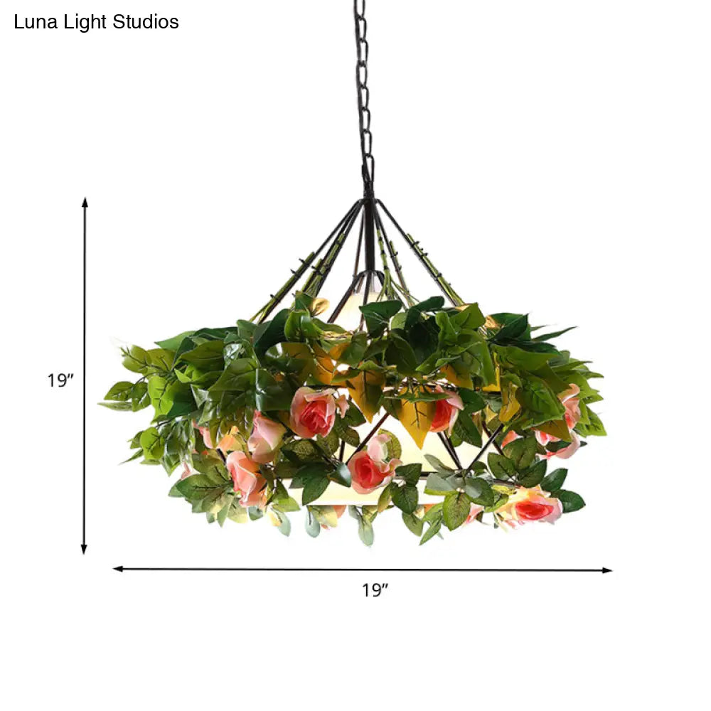 Vintage Black Metal Diamond Pendant Light - Led Flower Hanging Lamp For Restaurants Multiple Width