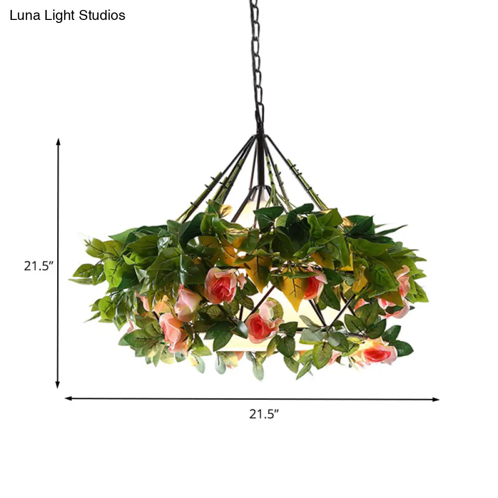 Vintage Black Metal Diamond Pendant Light - Led Flower Hanging Lamp For Restaurants Multiple Width