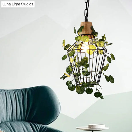 Vintage Black Metal Led Plant Ceiling Hang Pendant – Ideal For Restaurants - Bulb Cage Fixture