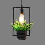 Vintage Black Metal Pendant Light With Planter And Frame For Kitchen / Rectangle