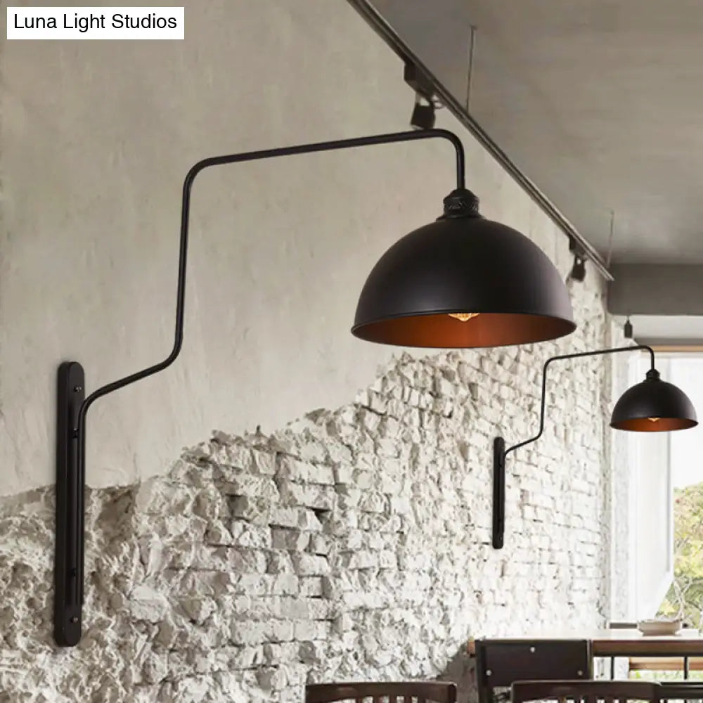 Vintage Black Metal Sconce Wall Light With Curved Arm For Restaurants - 1 Head Bowl Shape