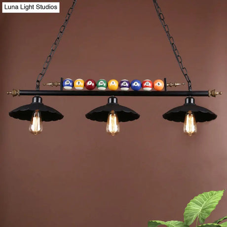 Vintage Black Pool Table Light With Scalloped Design 2/3-Light & Billiard Ball Decoration