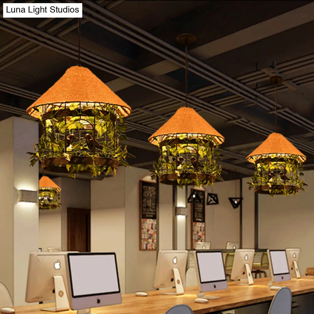 Vintage Black/Rust Finish House Pendant Ceiling Light With Rope Hanging And Flower/Vine Deco -