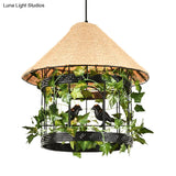 Vintage Black/Rust Finish House Pendant Ceiling Light With Rope Hanging And Flower/Vine Deco -