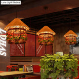 Vintage Black/Rust Finish House Pendant Ceiling Light With Rope Hanging And Flower/Vine Deco -