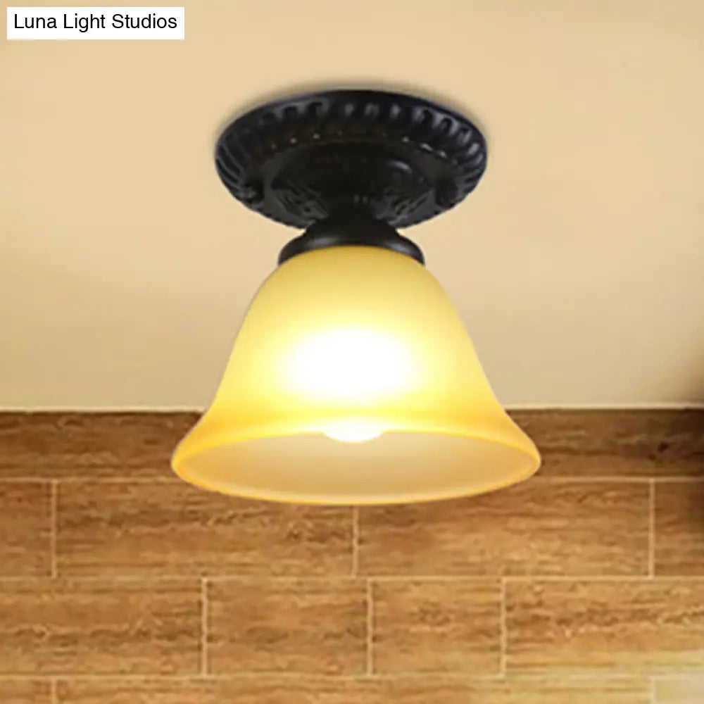 Vintage Black Semi Flush Ceiling Light With Bell Shade Opal/Amber Glass - Ideal For Living Room