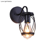 Vintage Black Waist Drum Wall Lamp With Metallic Frame For Restaurant - 1 Light Mount Fixture