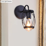 Vintage Black Waist Drum Wall Lamp With Metallic Frame For Restaurant - 1 Light Mount Fixture