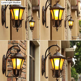 Vintage Black Wall Sconce Light With Amber Glass - Flared Design For Villa And Garden