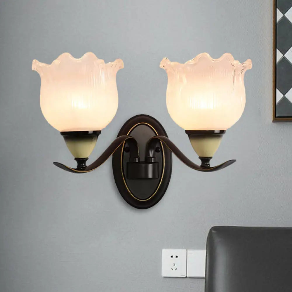 Vintage Blossom Sconce Lamp - Opal Ribbed Glass Wall Lighting In Black 2 /