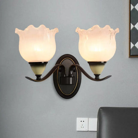 Vintage Blossom Sconce Lamp - Opal Ribbed Glass Wall Lighting In Black 2 /