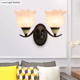 Vintage Blossom Sconce Lamp - Opal Ribbed Glass Wall Lighting In Black