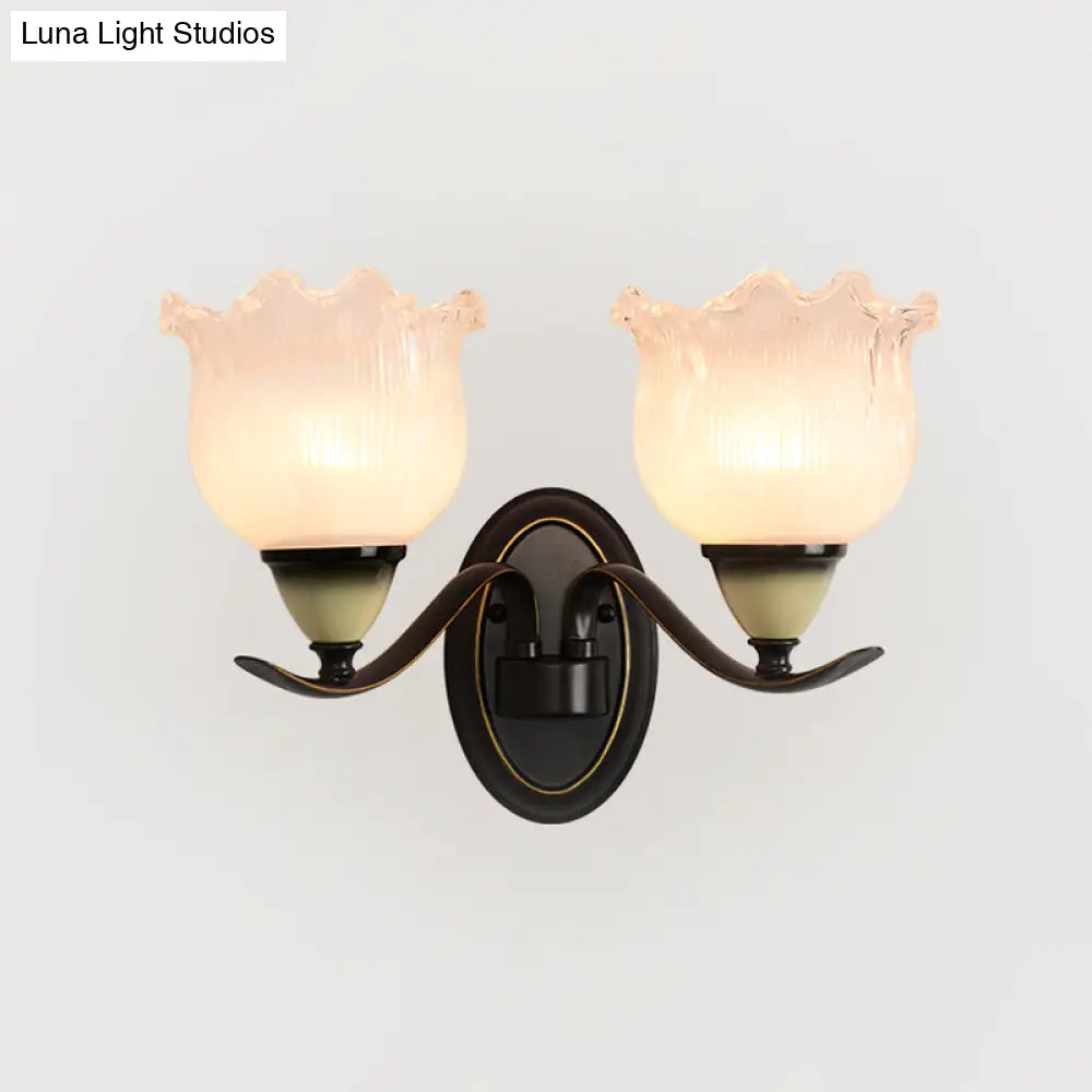 Vintage Blossom Sconce Lamp - Opal Ribbed Glass Wall Lighting In Black