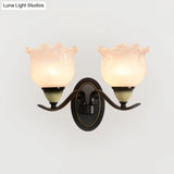 Vintage Blossom Sconce Lamp - Opal Ribbed Glass Wall Lighting In Black