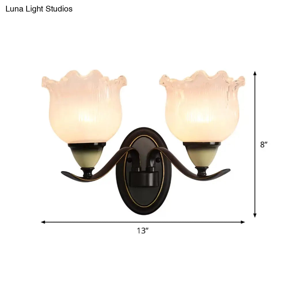 Vintage Blossom Sconce Lamp - Opal Ribbed Glass Wall Lighting In Black