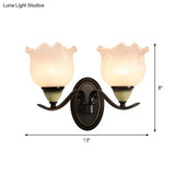 Vintage Blossom Sconce Lamp - Opal Ribbed Glass Wall Lighting In Black