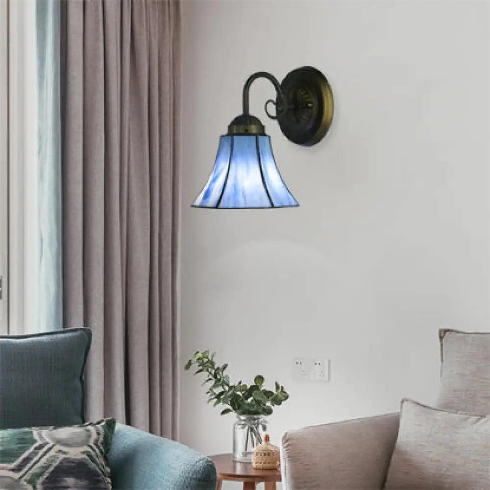 Vintage Blue Glass Bell Wall Sconce With 1 Gooseneck Light - Indoor Lighting / B