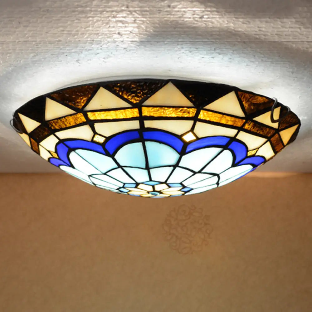 Vintage Blue Handcrafted Glass Dome Ceiling Flush Light With Feather Pattern / 12’