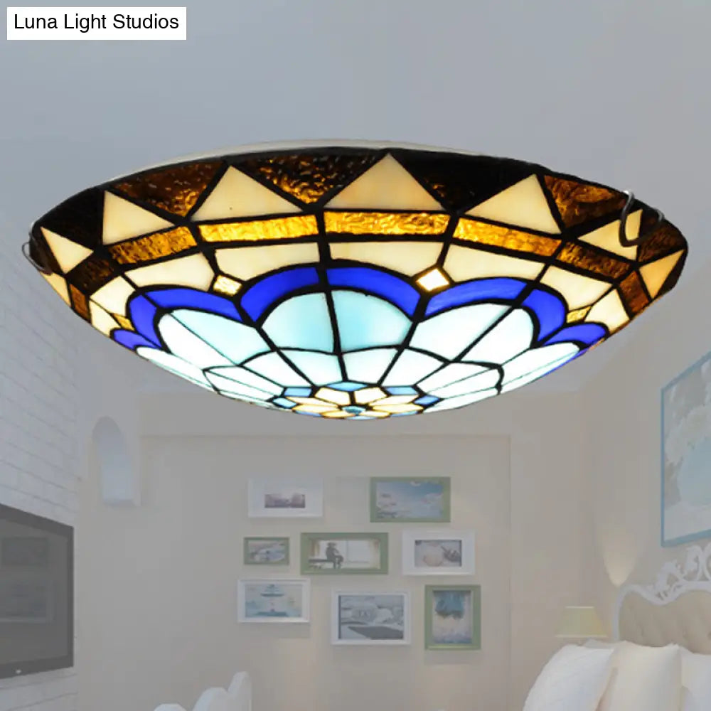 Vintage Blue Handcrafted Glass Dome Ceiling Flush Light With Feather Pattern