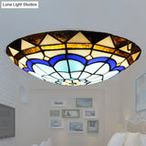 Vintage Blue Handcrafted Glass Dome Ceiling Flush Light With Feather Pattern