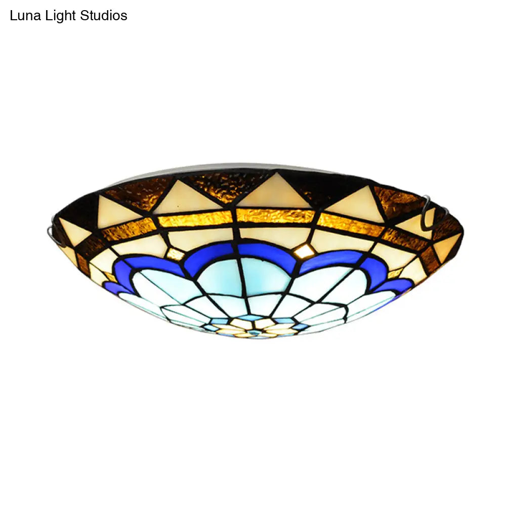 Vintage Blue Handcrafted Glass Dome Ceiling Flush Light With Feather Pattern