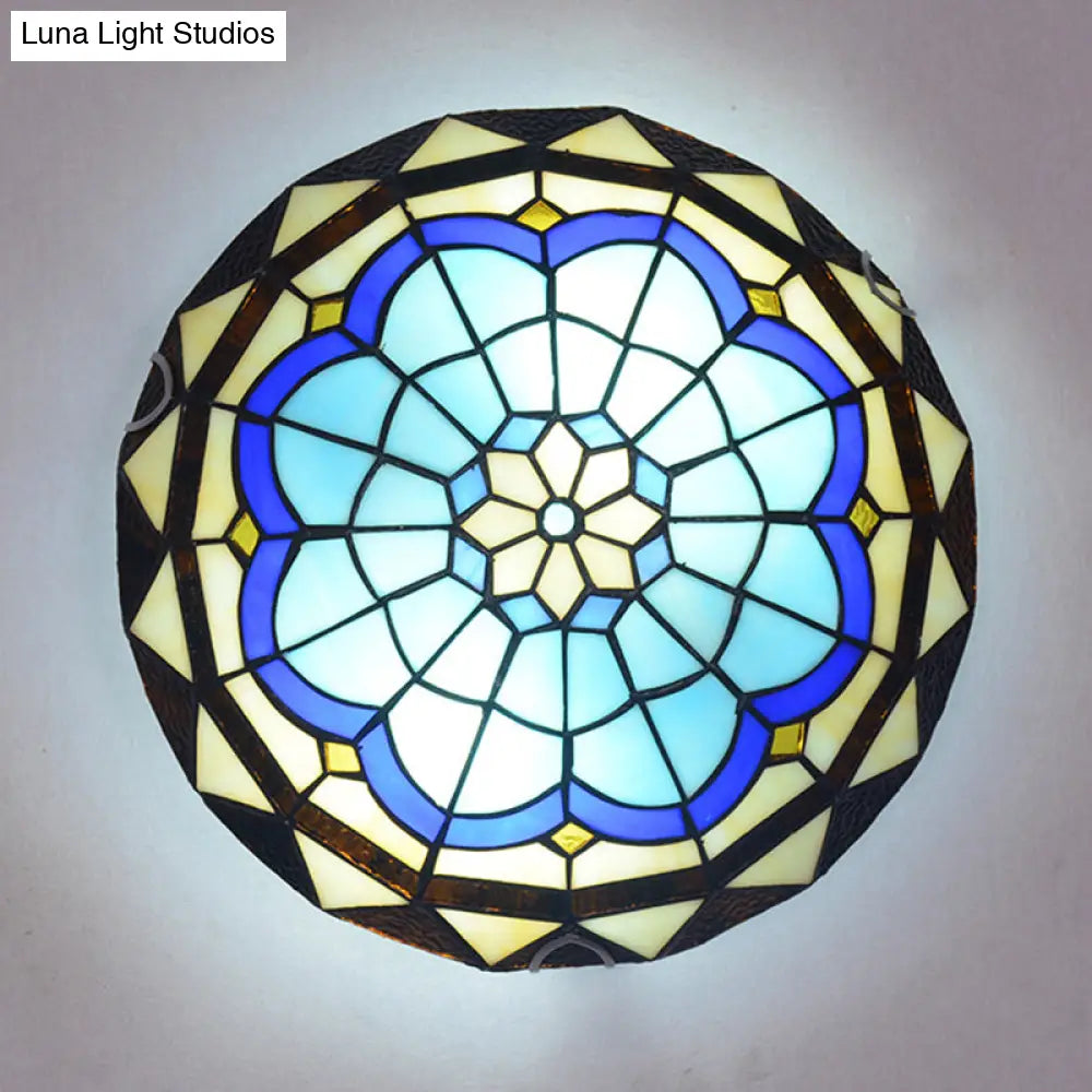 Vintage Blue Handcrafted Glass Dome Ceiling Flush Light With Feather Pattern