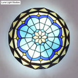 Vintage Blue Handcrafted Glass Dome Ceiling Flush Light With Feather Pattern
