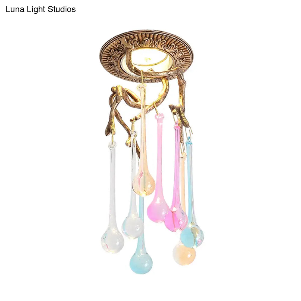 Vintage Blue-Purple/Clear Teardrop Crystal Led Ceiling Light For Bedrooms