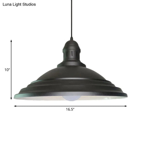 Vintage Bowl Hanging Ceiling Light - Black Metal 1-Head Pendant Lamp With Fluted Design For Balcony