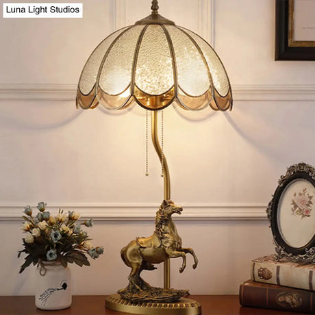 Vintage Brass 2-Light Table Lamp With Water Glass Scalloped Shade Pull Chain And Horse Deco