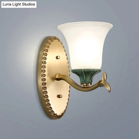 Vintage Brass Bell Sconce With Frosted Glass And Elliptical Backplate For Foyer Lighting