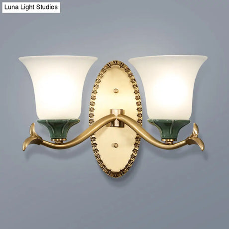 Vintage Brass Bell Sconce With Frosted Glass And Elliptical Backplate For Foyer Lighting