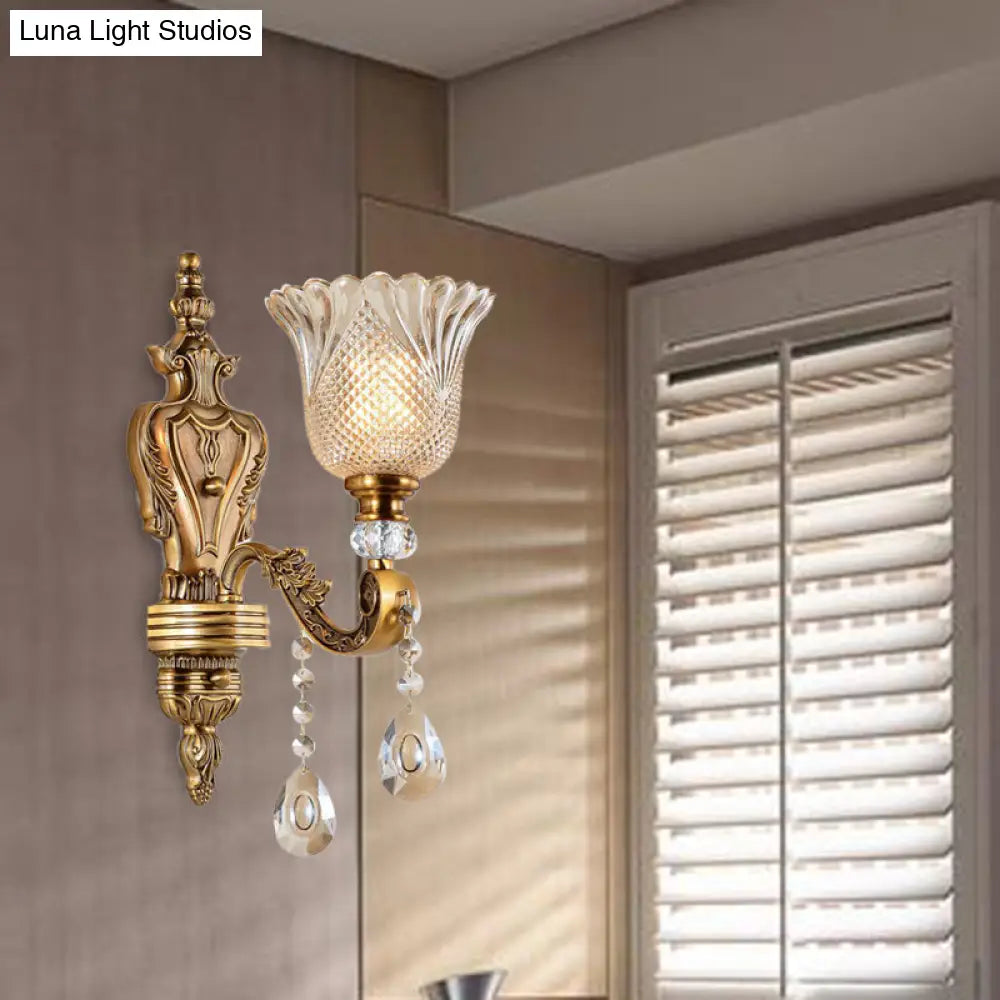 Vintage Brass Bell Wall Sconce With Beveled Crystal Head - Bedroom Light Fixture