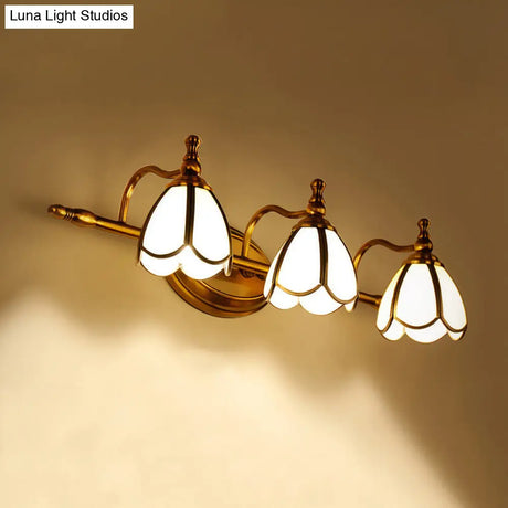Vintage Brass Beveled Glass Floral Wall Sconce - 3 Bulb Bathroom Vanity Light