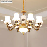 Vintage Brass Chandelier: White Glass Flared Design For Dining Room Lighting