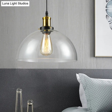 Vintage Brass Clear Glass Ceiling Pendant Light - 1-Light Cylinder/Dome/Schoolhouse Lamp