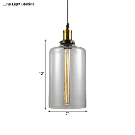 Vintage Brass Clear Glass Ceiling Pendant Light - 1-Light Cylinder/Dome/Schoolhouse Lamp