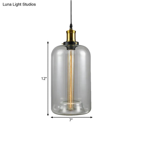 Vintage Brass Clear Glass Ceiling Pendant Light - 1-Light Cylinder/Dome/Schoolhouse Lamp