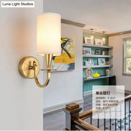 Vintage Brass Cylinder Wall Sconce With Fabric Shade And Arched Metal Arm - Ideal For Bedroom