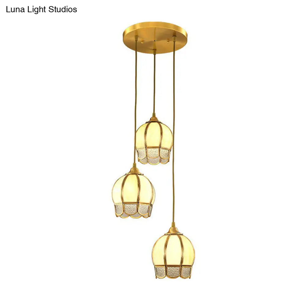 Vintage Brass Dining Room Pendant Light With Frosted Glass Flower Cluster Design