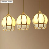 Vintage Brass Dining Room Pendant Light With Frosted Glass Flower Cluster Design