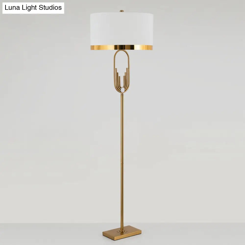 Vintage Brass Fabric Drum Floor Lamp - Single Bulb Standing Lighting For Living Room