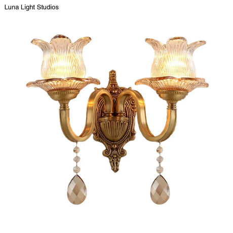 Vintage Brass Floral Sconce Light Fixture With Clear Prismatic Glass - Led Wall Mounted Lamp For