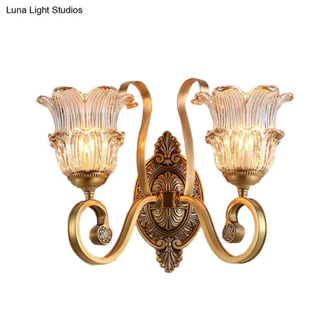 Vintage Brass Floral Sconce Light Fixture With Clear Prismatic Glass - Led Wall Mounted Lamp For