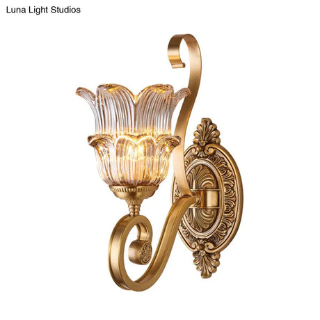 Vintage Brass Floral Sconce Light Fixture With Clear Prismatic Glass - Led Wall Mounted Lamp For