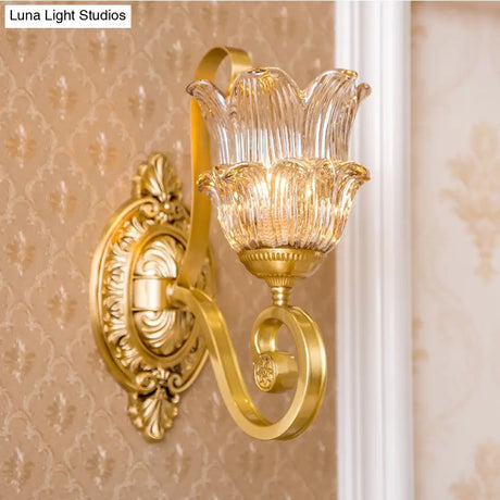 Vintage Brass Floral Sconce Light Fixture With Clear Prismatic Glass - Led Wall Mounted Lamp For