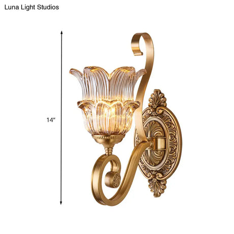 Vintage Brass Floral Sconce Light Fixture With Clear Prismatic Glass - Led Wall Mounted Lamp For